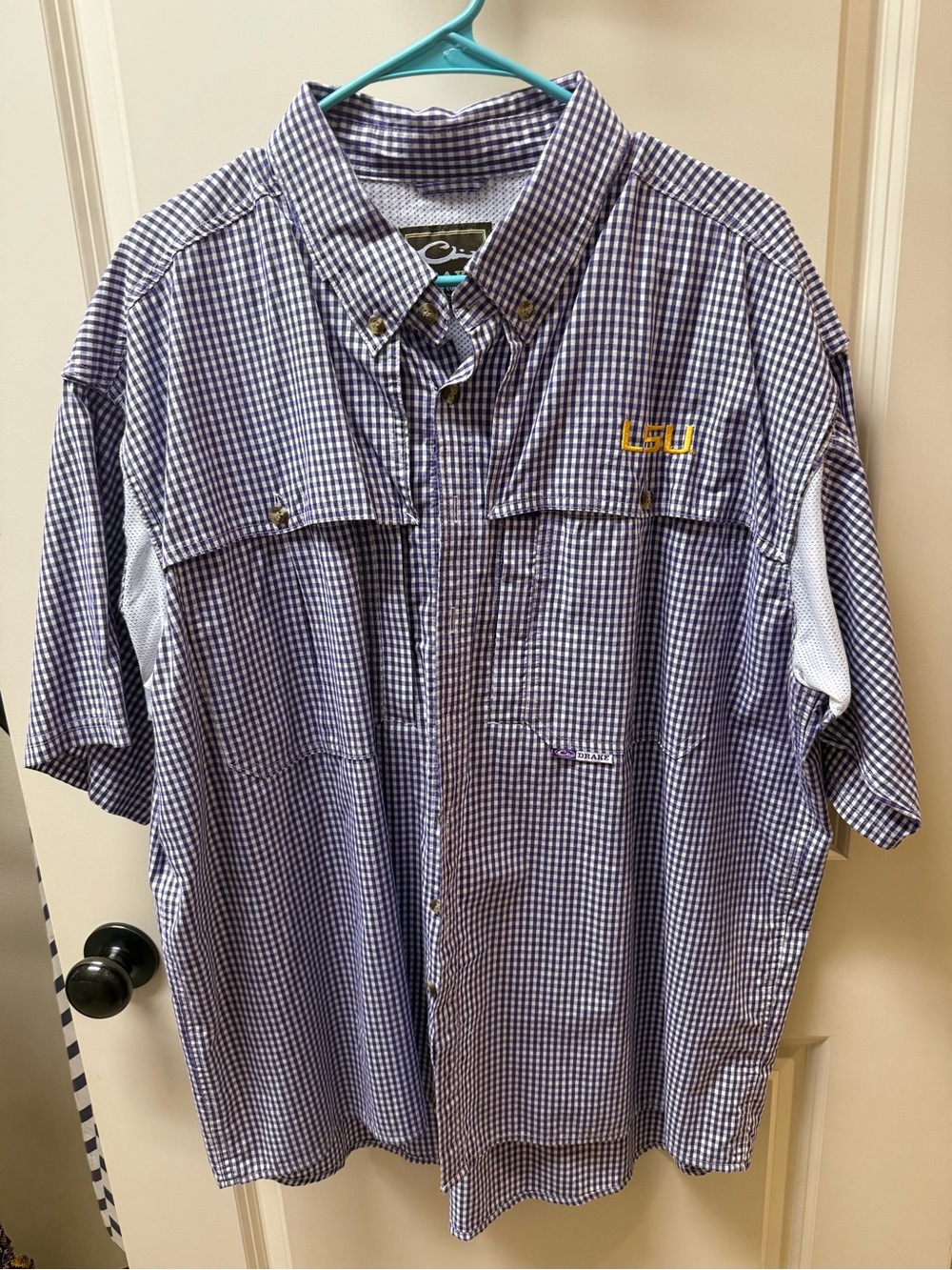 Drake Purple Gingham Short-Sleeve Button-Down Shirt with LSU Embroidery